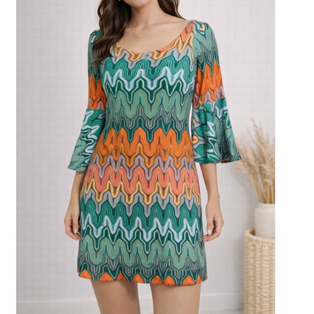 Judith March Size S Retro Chevron Print Dress Bell Sleeve Mini - Picture 1 of 7